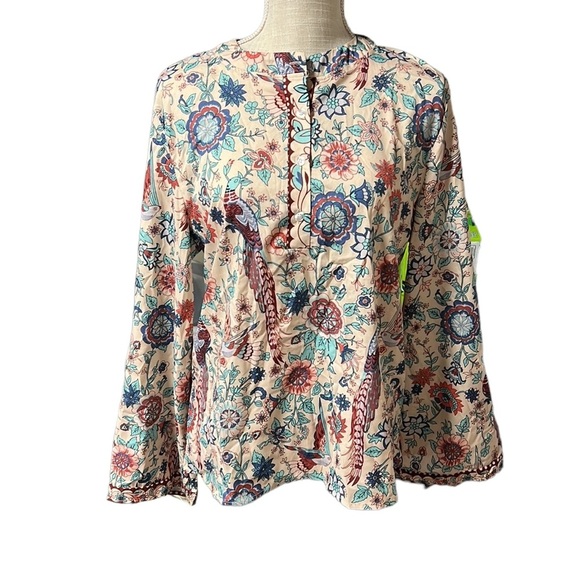 kinikiss Tops - Kinikiss Long Sleeve Shirt Blouse Button Up Tan Pink Peacock Floral Womens XL